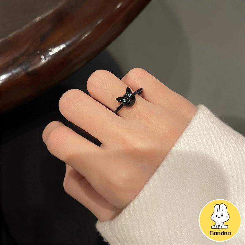 Cincin Kucing Hitam Wanita Trendi Desain Niche Cincin Jari Telunjuk Fashion Kepribadian Cincin -Doo