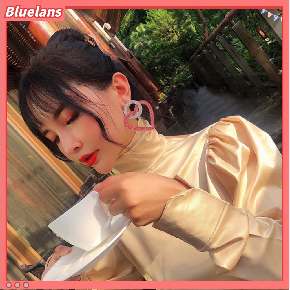 Anting Stud Berlian Imitasi Bentuk Hati Bulat Menjuntai Untuk Wanita