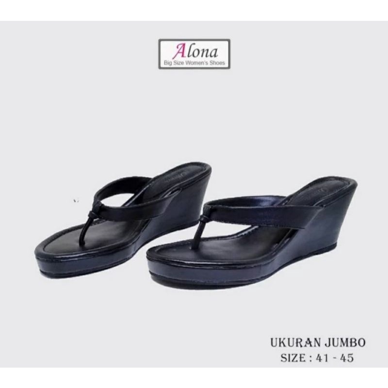 Sendal Jepit Wedges MK-147 Ukuran Besar 41.45 Wedges Pesta Kaki Lebar Hitam Sepatu Wedges Oversize Black, 41