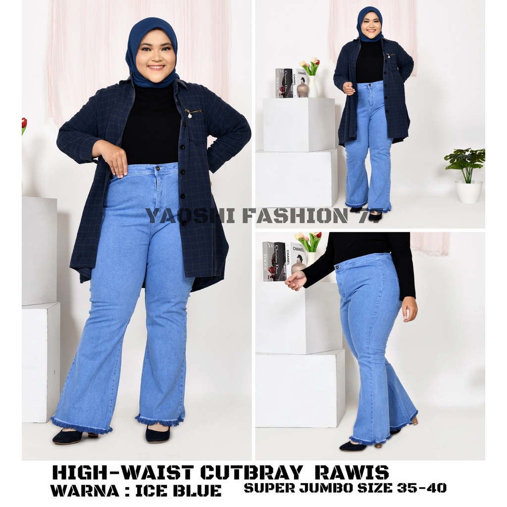 YAOSHI -Denim Pants Jeans  Jumbo Pinggang Tinggi /HW Wanita Jeans Cutbray Rawis Super Jumbo Size 35_40