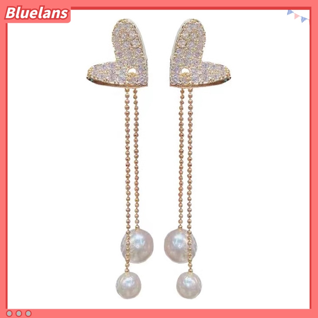 Anting Rumbai Panjang Bentuk Hati Aksen Berlian Imitasi Untuk Wanita