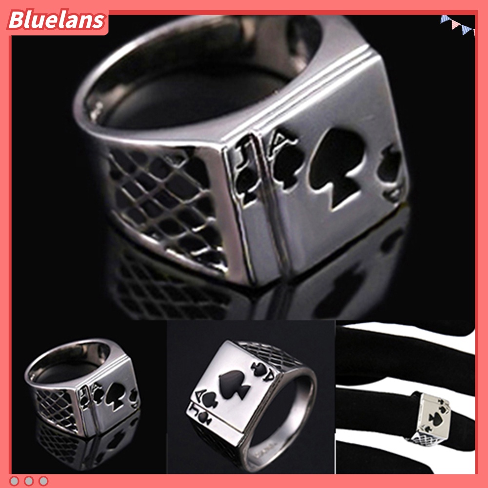 Bluelans Men 18K White Gold Plated Black Enamel Spades Poker Ring Finger Jewelry