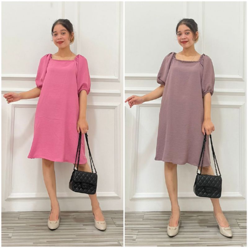 SABRINA DRESS DAILY DRESS PENDEK POLOS TANGAN BALON KARET DRESS CRINCKLE AIRFLOW JUMBO PINK ROSE MAU