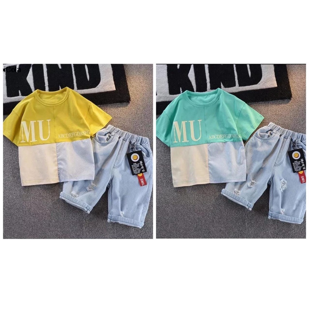 (BAYAR DITEMPAT) SETELAN BAJU ANAK MOTIF KOMBINASI MU DENIM - FASHION BAJU ANAK LAKILAKI DAN ANAK PEREMPUAN - PAKAIAN USIA 6-10BLN 1-5THN - BAJU ANAK BAHAN KATUN CELANA DENIM - OOTD ANAK KEREN DAN BAGUS DIPAKAI UNTUK BEPERGIAN JALAN-JALAN DAN BERMAIN