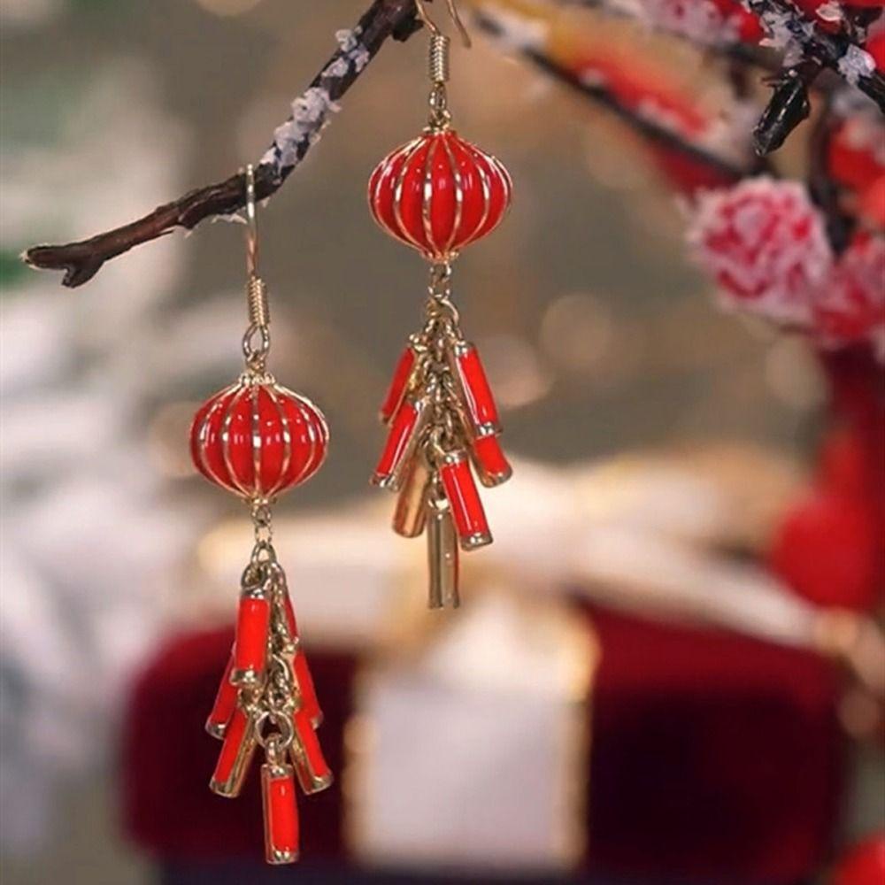 Augustina Anting Gantung Panjang Kait Motif Lentera Merah Bahan Alloy Untuk Perhiasan Wanita