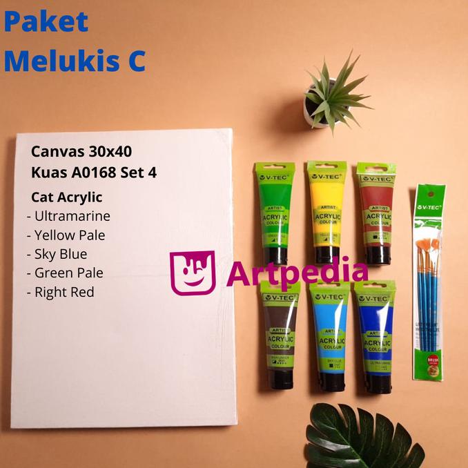 

Paket Melukis C /Canvas 30x40 , 6 cat acrylic 75ML dan kuas set 3