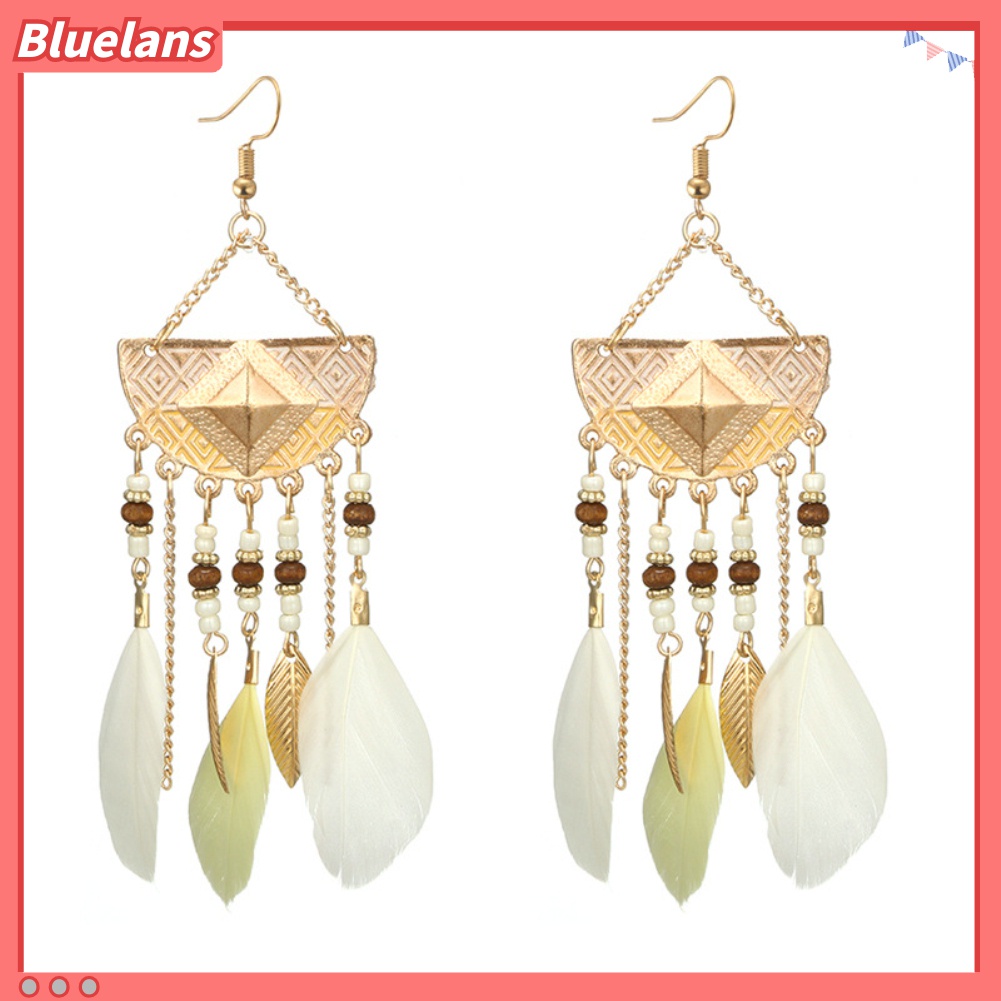Anting Kait Bentuk Kipas Aksen Manik-Manik Rumbai Bulu Gaya Bohemian Untuk Wanita