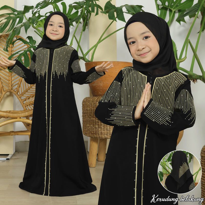 Alma Abaya Anak Zyva Gold Silver Pasmina Exclusive Gamis Syari Hitam Fashion Lebaran Bordir Turkey M