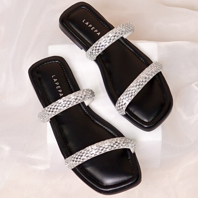 LAPEPA YUK - JASMINE Sandal Wanita Teplek Mewah Blink Kristal Size 36 - 40 Sendal Slop Rumah Flat Cewek Pergi Jalan Bling Rumahan Warna Silver White Perak Selop Premium 37 38 39 Perempuan Kekinian Terbaru Shoes ORI Original Mall Official Store