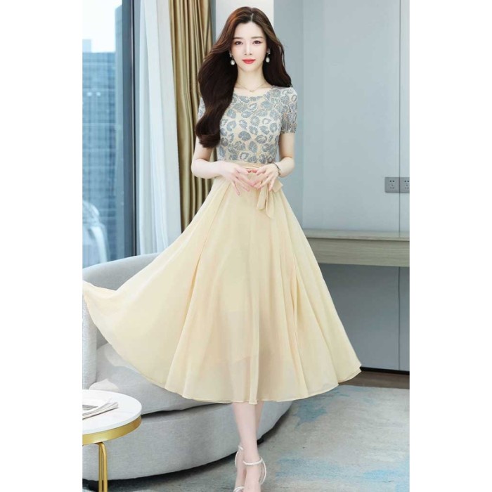 dress wanita warna biru coklat muda model simpul pita pinggang korea