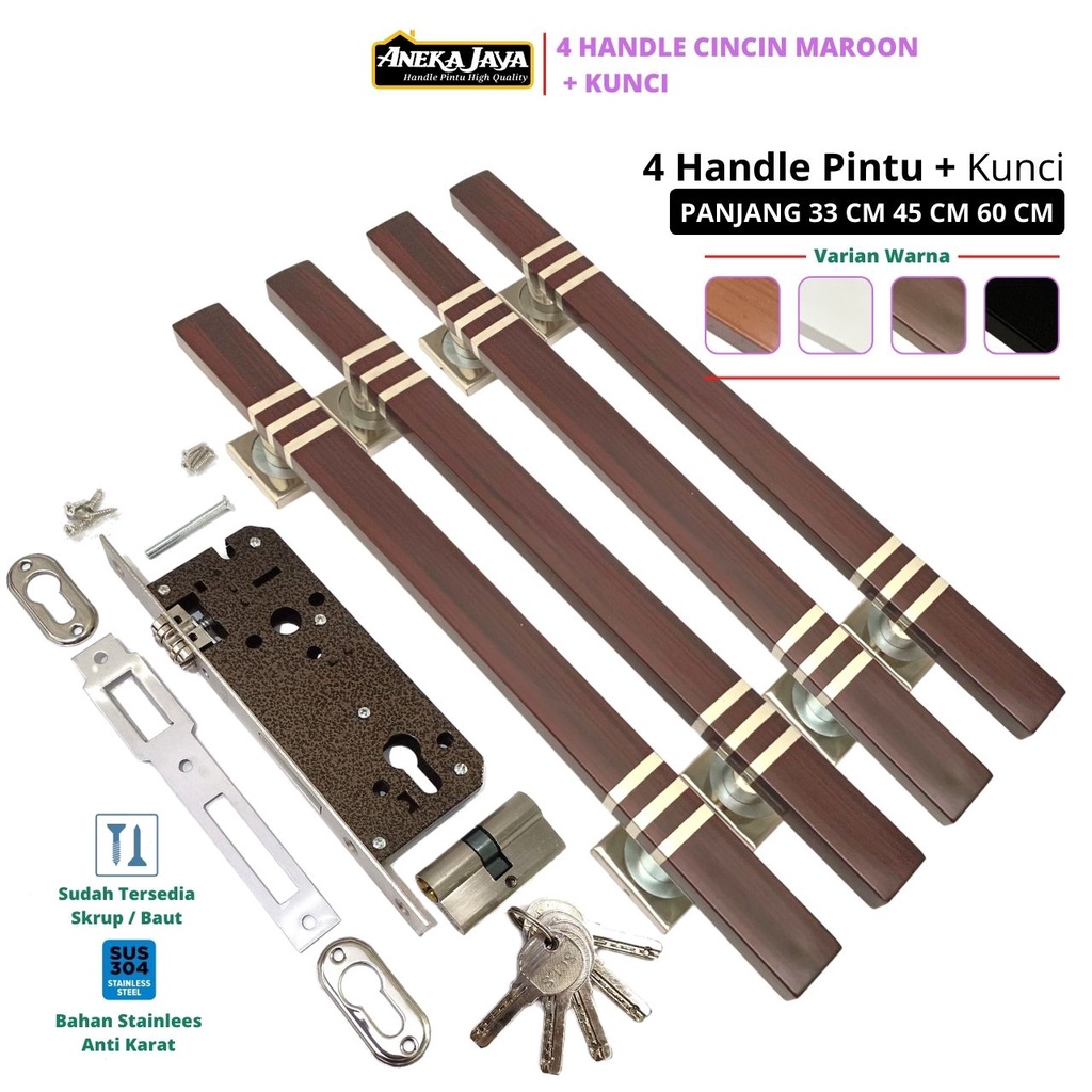 Paket 4 Handle Pintu Rumah Body Kunci Panjang 60 cm 45 33 Gagang Tarikan Pintu Depan Bahan Stainlees Warna Natural Hitam Putih Maroon