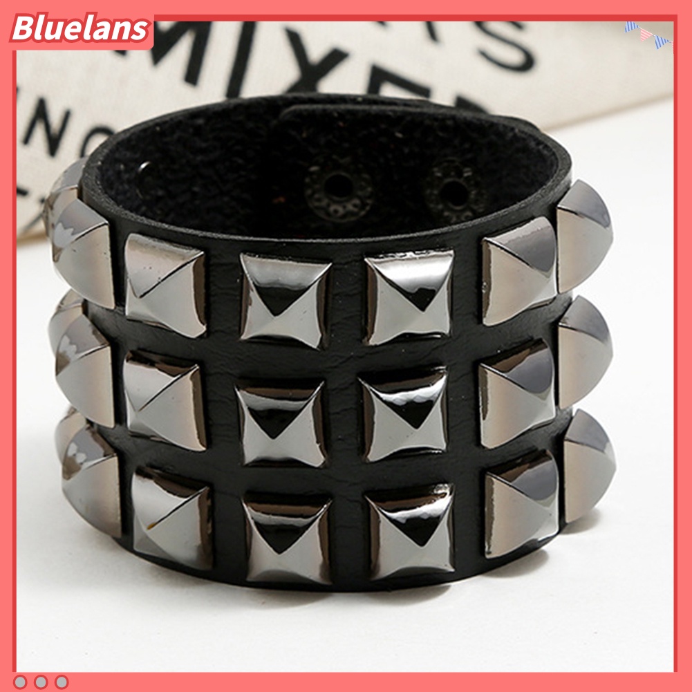 Bluelans Punk Men Women Club Square Rivet Studded Wide Cuff Faux Leather Bangle Bracelet