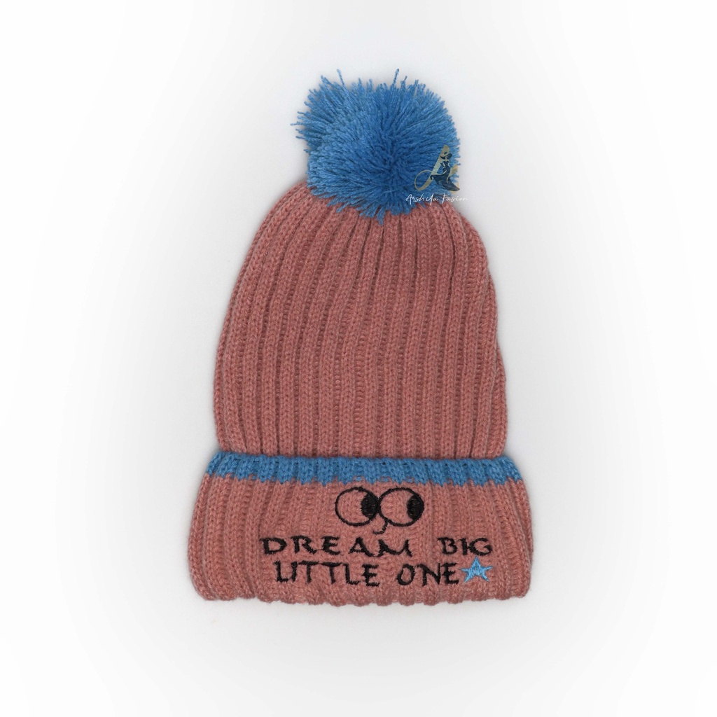 Kupluk Anak DREAM BIG Beanie Hat Desain Custom Bordir nama 1 Hari Jadi Bahan Rajut KUPLUK RAJUT ANAK BORDIR JAMBUL POM POM  Free Bordir Nama