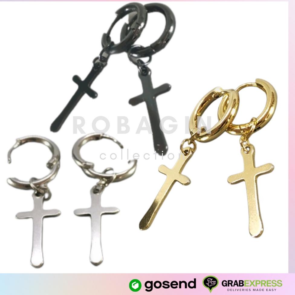 PMA.18Oc22ᵁ ▫ Robagin Ant104 sepasang anting salib stainless anti karat perak emas hitam Bts murah