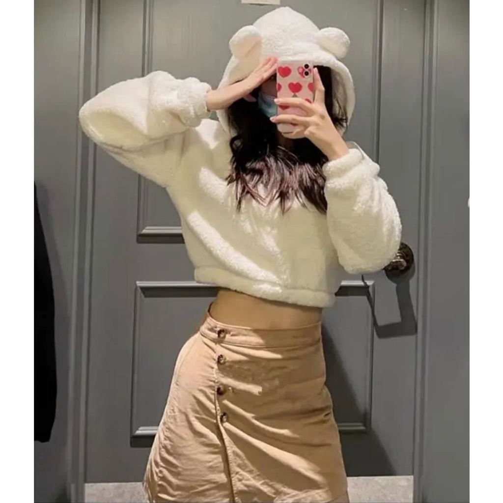 Sweater Hoodie Crop V Bear Sherpa Bulu Domba