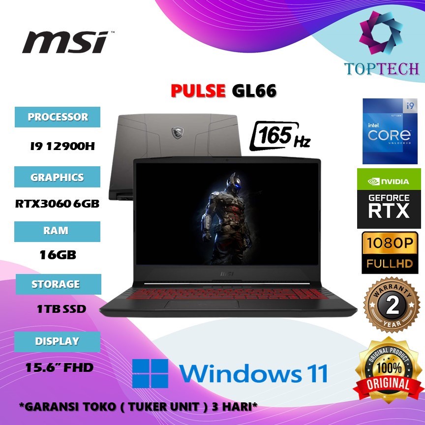 Laptop Gaming Msi Pulse GL66 - I9 12900H RTX3060 6GB RAM 32GB 1TBSSD W11 15.6FHD IPS 165HZ RGB 12UEK.265