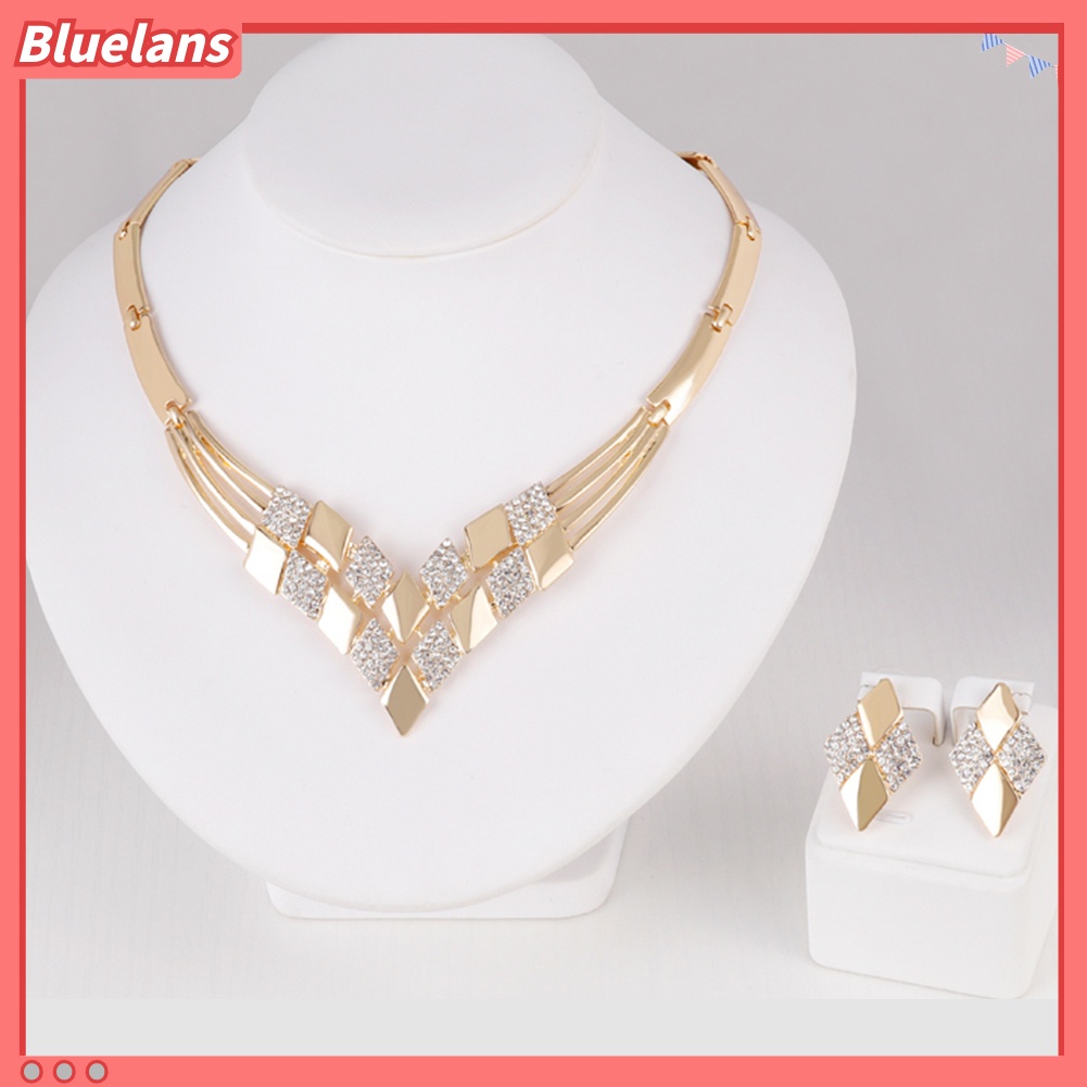 Bluelans Women KC Gold Plated Rhombus Shape Necklace Earrings Rhinestones Jewelry Set