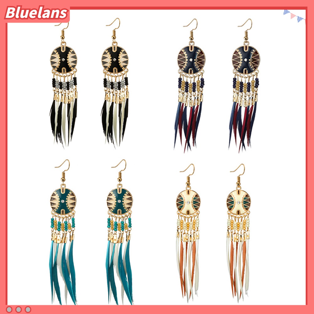 Anting Kait Gantung Desain Bulat Hollow Hias Rumbai Bulu Gaya Eksotik Untuk Wanita