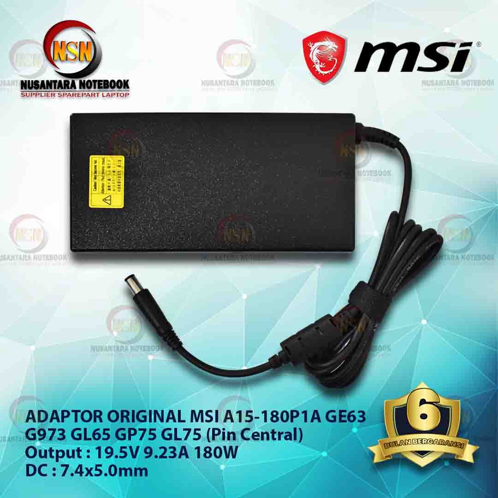 Adaptor Original MSI GE63 G973 GL65 19.5V 9.23A 180W DC 7.4x5.0mm A15-180P1A (Pin Central)  Deskripsi Produk Model No: A15-180P1A Output: 19.5V 9.23A 180W DC 7.4x5.0mm Termasuk Kabel Power  Kondisi: 100% Baru  Garansi 6 Bulan Replace Unit  ===============