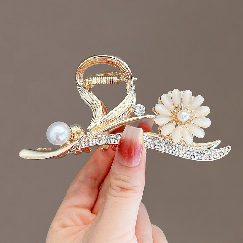 Korea Alloy Emas Bunga Mutiara Rambut Klip Besar Ponytail Clip Woman Fashion Hair Claw Aksesoris Rambut