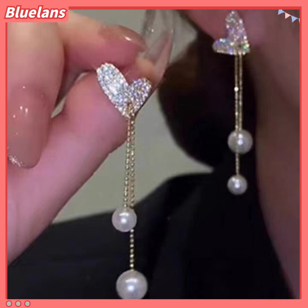 Anting Rumbai Panjang Bentuk Hati Aksen Berlian Imitasi Untuk Wanita