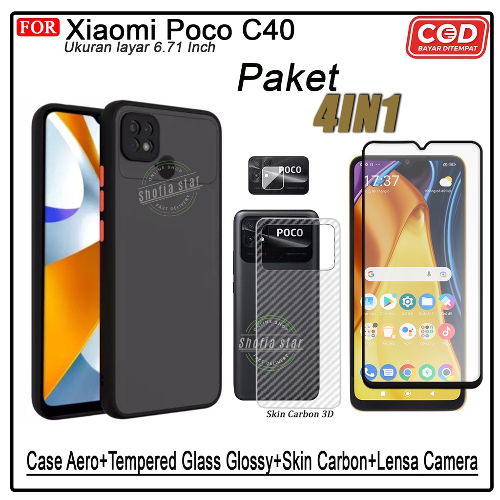 PAKET 4IN1 Case Xiaomi Poco C40 Softcase Aero Dove Black Transparan Protect Camera Premium Casing