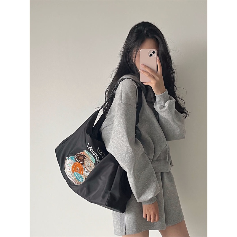 ₪Sera Jepang Niche Bordir Komuter Tas Kanvas Kapasitas Besar Nilon Tas 2022 Baru Wanita Bahu Tote Bag Pasang