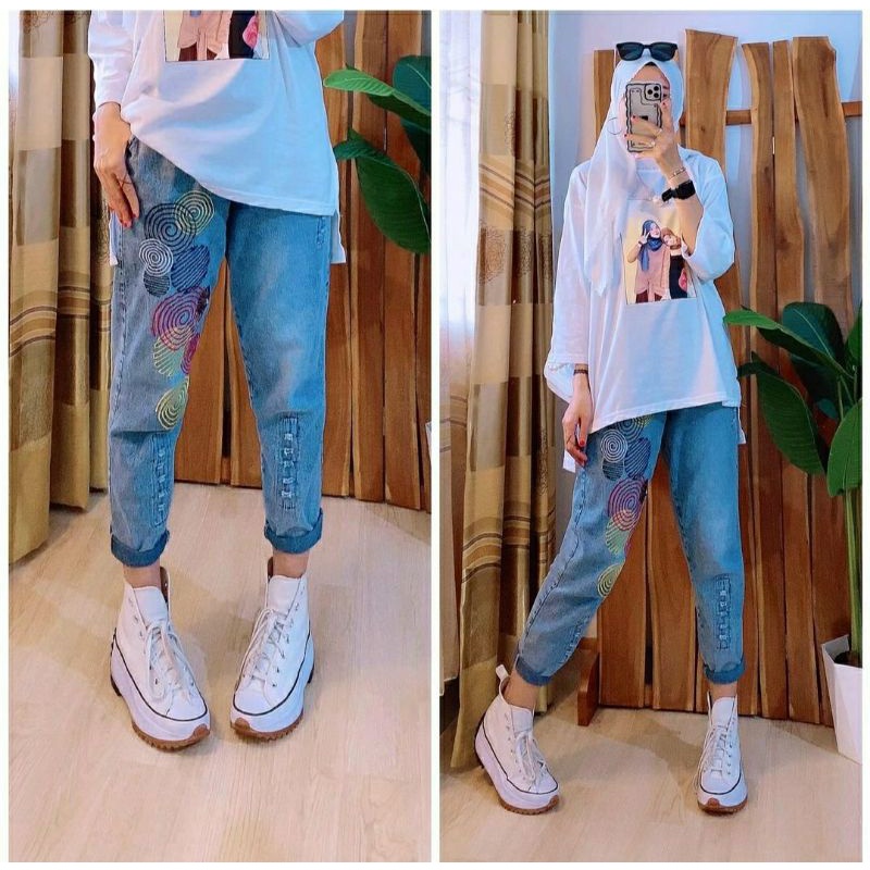 Posh Jeans Pants, CELANA JEANS WANITA SUPER CANTIK MODIS FIT XL BAHAN JEANS WASH MIX BORDIR TERMURAH OOTD