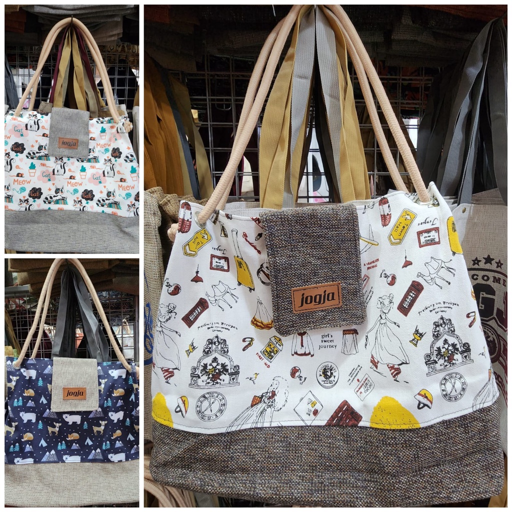 Tote Bag Wanita Motif Lucu Asli Jogja Tas Bahu Bahan Kanvas Tali Sumbu SlingBag Oleh-oleh Khas Jogja