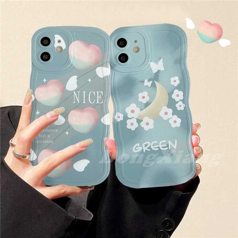 Casing iPhone 14 14 Pro MAX 11 Pro 11 Pro MAX 12 12 Pro 12 Pro MAX iPhone 13 Pro MAX X XR XS MAX 6 6S 7 8 Plus SE 2020 Motif Peach Heart And Flower Moon Wave Edge Case Bahan TPU Untuk DGX