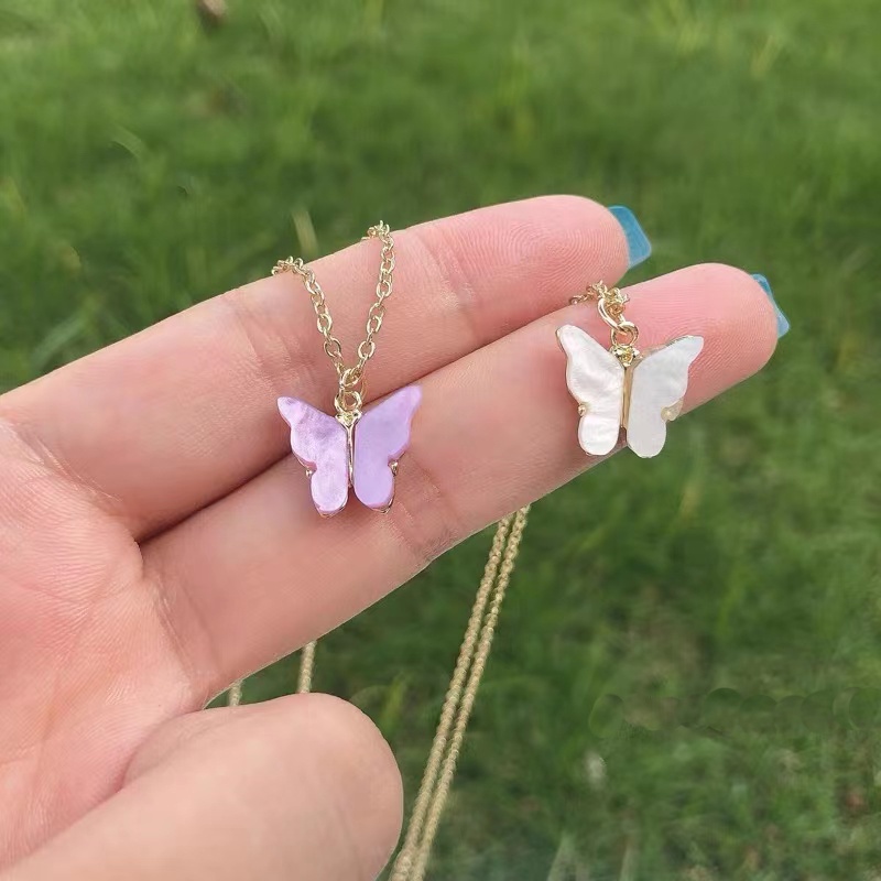 Butterfly Kalung Rantai Klavikula Desain Kupu-Kupu Warna Ungu Putih