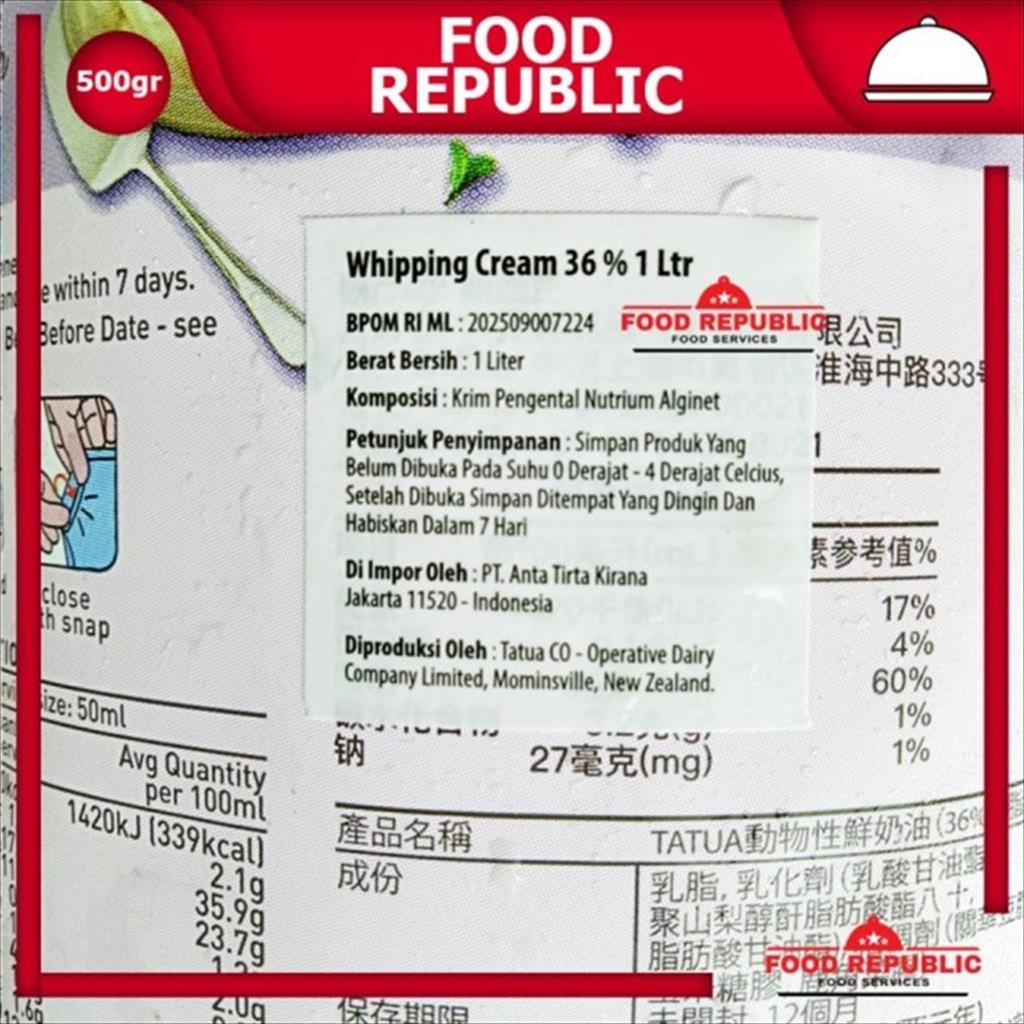 Tatua Whipping Cream 1 LTR Import New Zealand Kualitas Premium