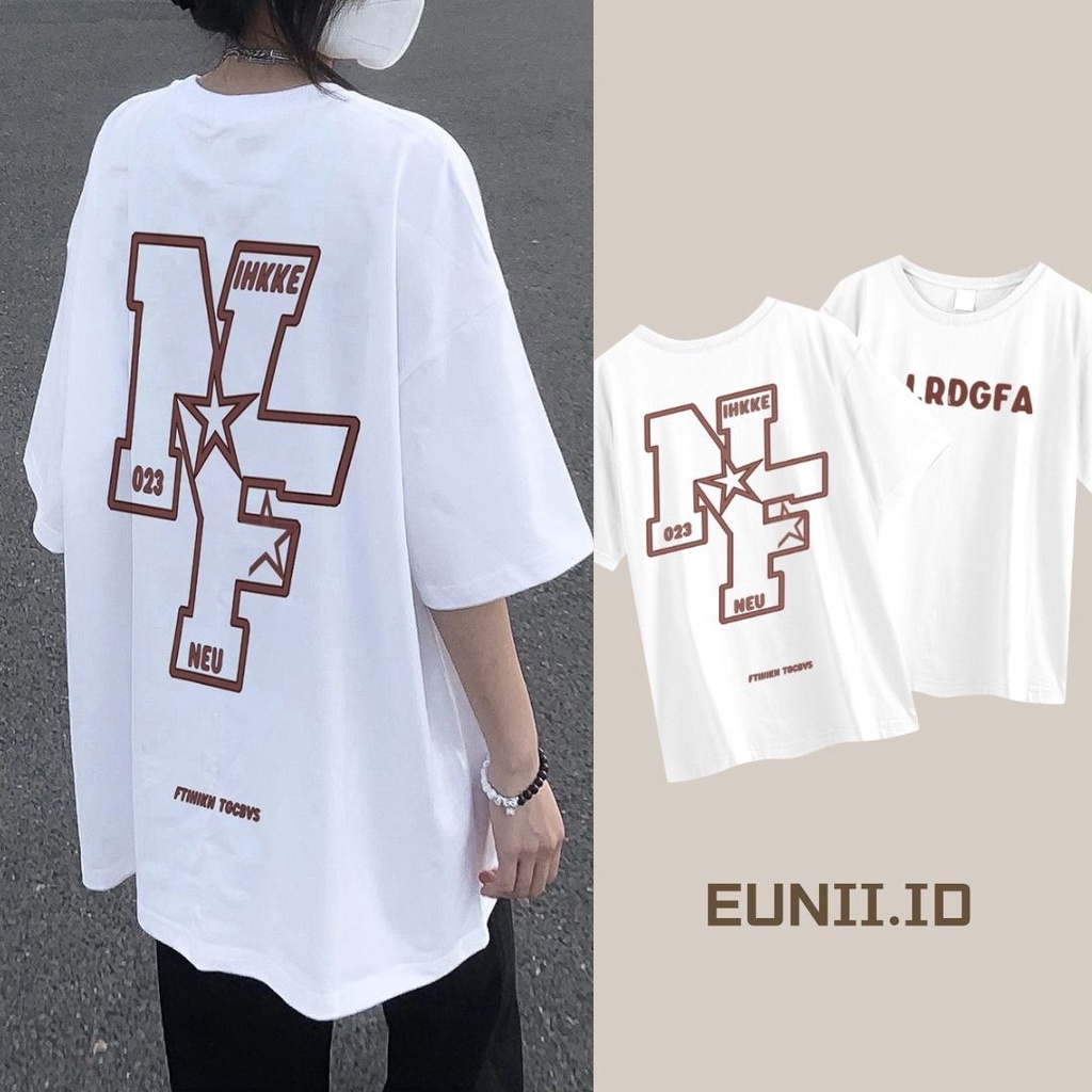 EUNII T-shirt Lengan Pendek NF Surat Pencetakan Longgar Korean Style/Kaos Atasan Wanita/Baju Kaus Oversize Wanita