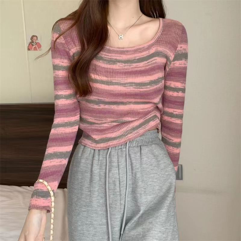 Switer Rajut Wanita Terbaru Lengan Panjang Stripe Knit Top Wanita