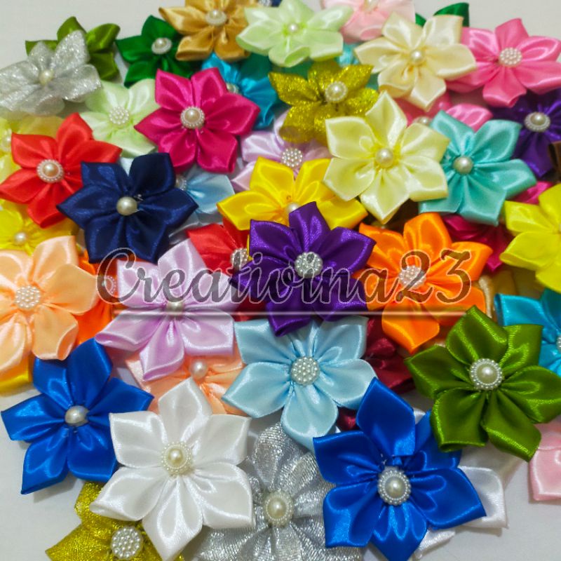 Aplikasi Bunga Satin, Aplikasi Bunga Pita Satin, Aplikasi Bunga Gardenia, Souvernir, Bros Bunga Sati