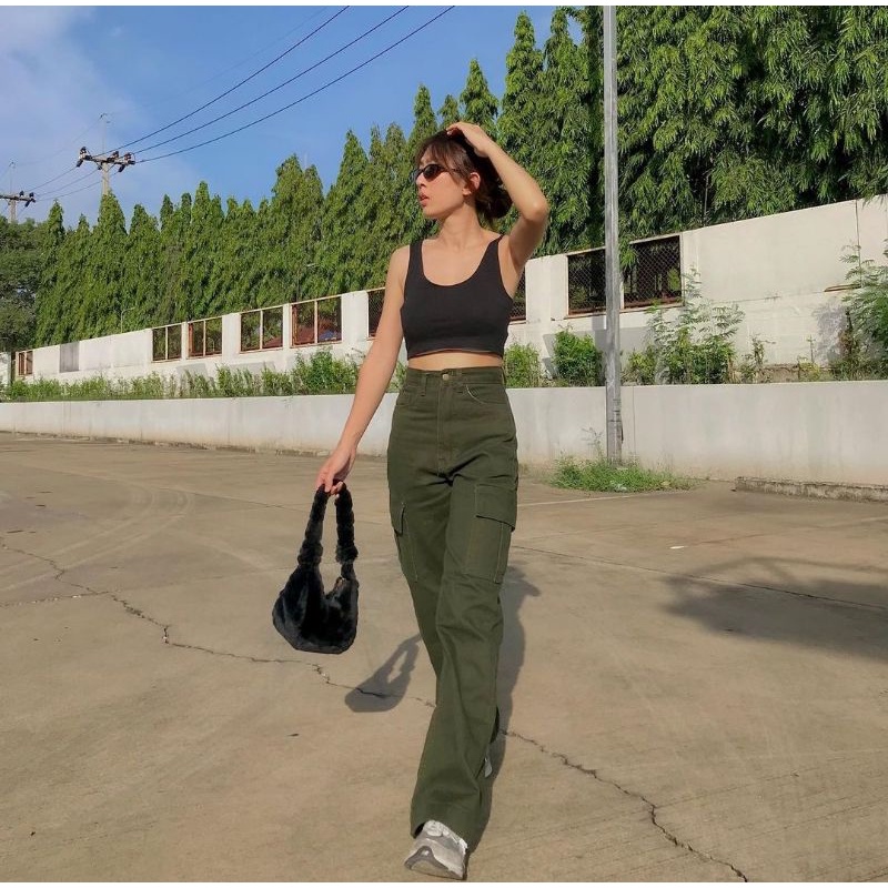 (27-38) ARMY HW CARGO LOOSE JEANS / HIJAU TUA HW CARGO LOOSE JEANS / CELANA HIGHWAIST CARGO LOOSE JEANS