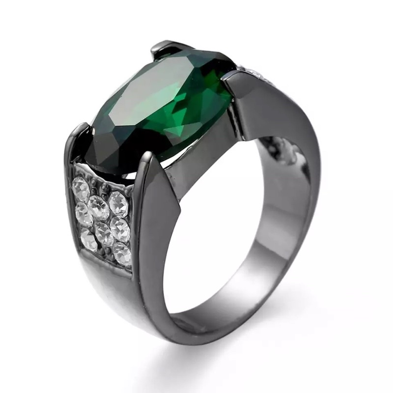 Cincin Batu Zamrud Sintetis Hijau Botol Cubic Zirconia Ring Black Platted Mewah Minimalis