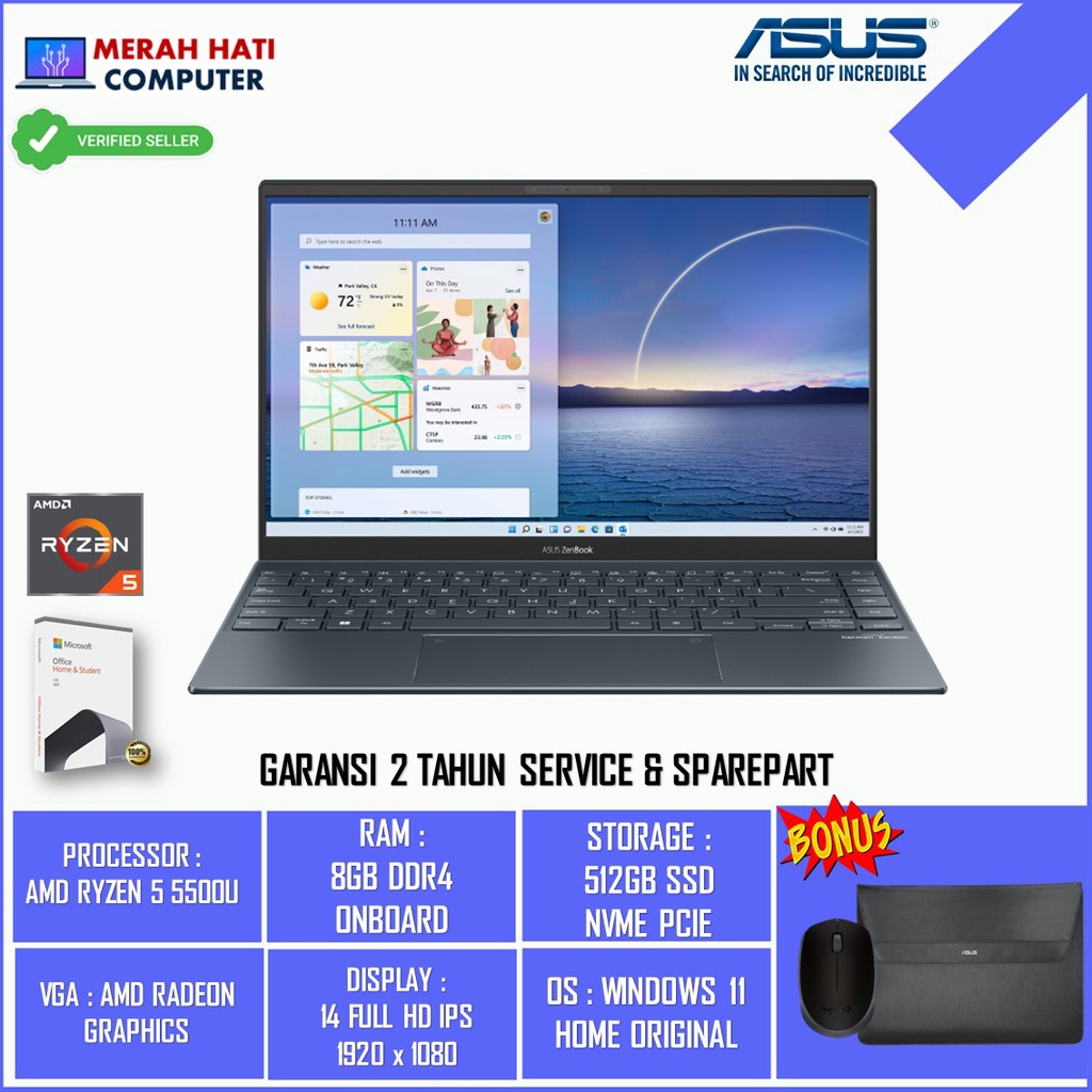 Laptop Gaming Asus Zenbook UM425UAZ Amd Ryzen 5 5500U Ram 8GB Ssd 512GB Radeon Graphics R7 Win11 OHS