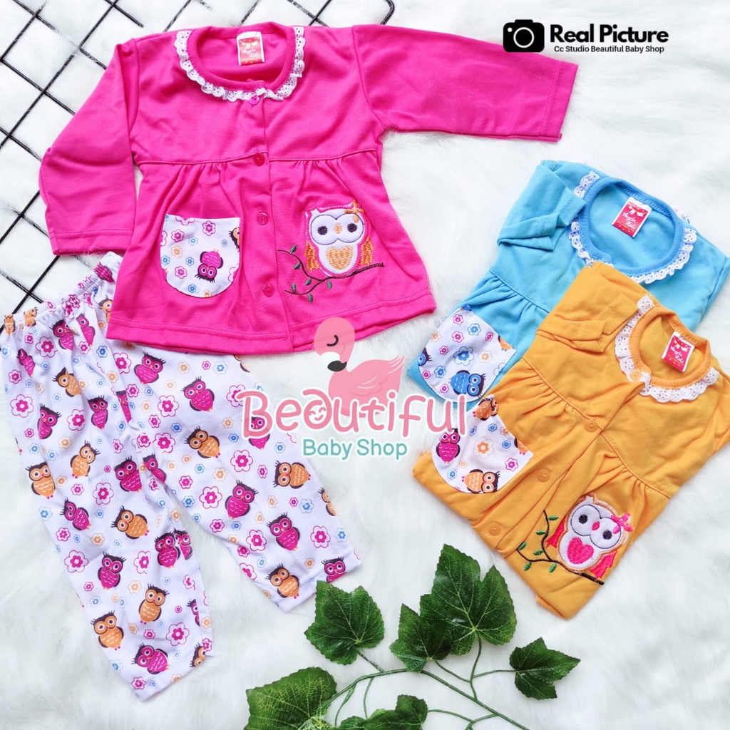 Baby.ou - Setelan Baju Bayi Lengan Panjang Celana Panjang Motif Bordir OWL / Setelan Piyama Bayi Perempuan 3-12 Bulan / Baju Bayi Perempuan Yeiko