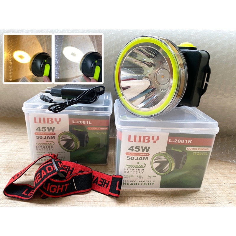 Senter Kepala LED Super Terang LUBY 45 Watt L-2881L [ Cahaya Putih ] / Luby L-2881K [ Cahaya Kuning ] - HeadLamp Cas Super Terang 45 Watt 10000 mAh Luby L-2881 Tahan Hingga 50 Jam | Headlamp Waterproof | FMS