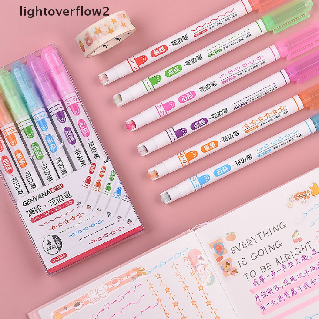 (lightoverflow2) 6pcs / Set Pen Marker Bentuk Garis Multiwarna Untuk Stationery (ID)