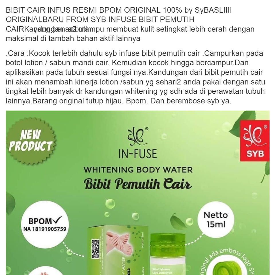 SYB Bibit pemutih cair infus Whitening body water GIRLSNEED77