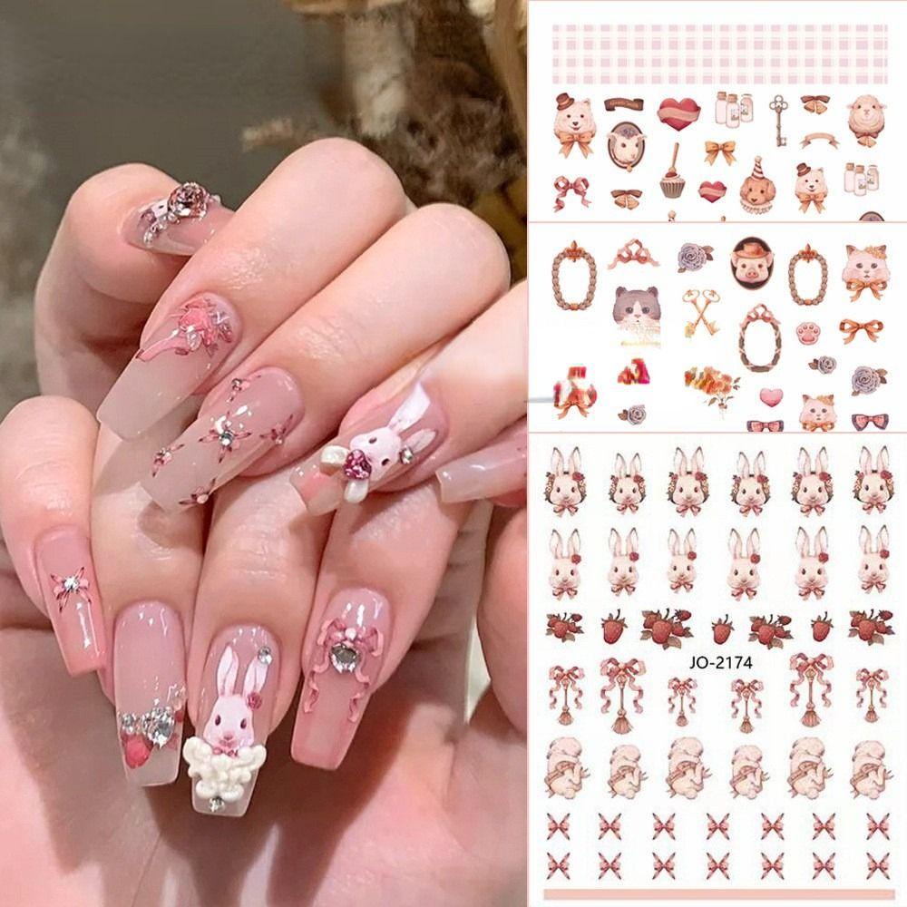 AUGUSTINA Agustina Kartun Hewan Stiker Kuku 5lembar Babi Bunga Manicuring DIY Foil Pola Hewan Nail Art Decals