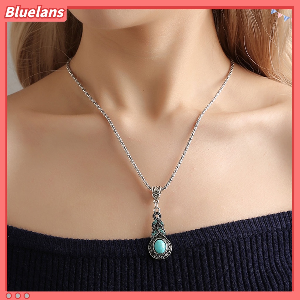 1 Set Perhiasan Kalung Dan Anting Wanita Model Vintage Aksen Turquoise Tiruan Untuk Pesta