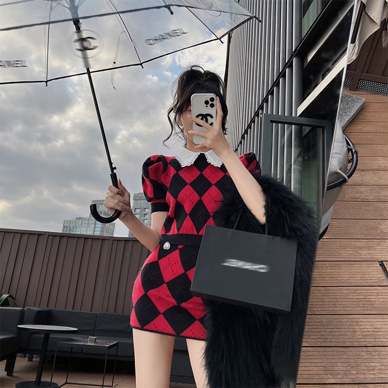 Kerah boneka lengan pendek rajutan top wanita tas pinggang tinggi rok pinggul musim panas baru wewan