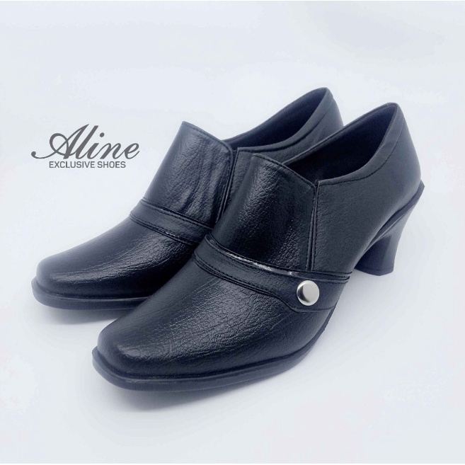 Aline Sepatu Pantofel Wanita Slip-On Elastis Hak 7 Cm Formal Hitam Polwan Kowad Dishub AW09