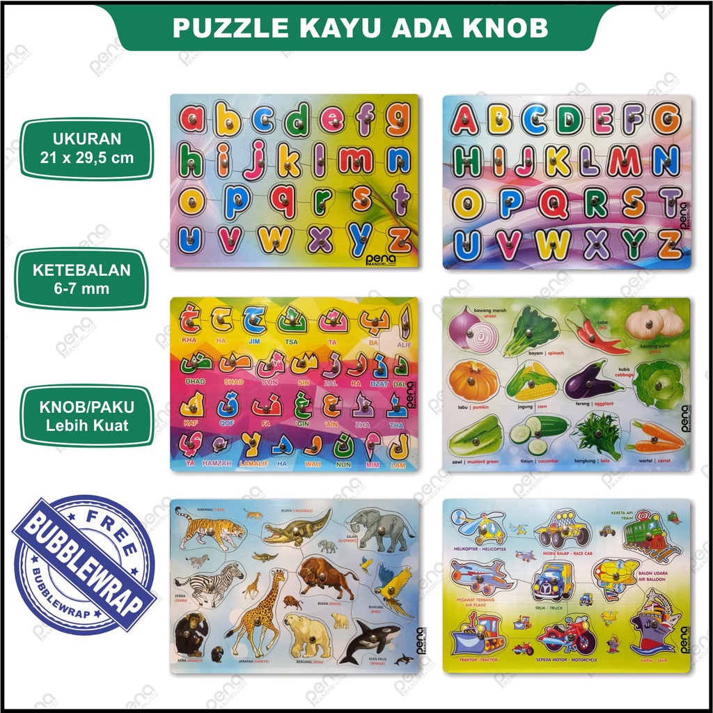 Puzzle Knob / Puzzle Kayu Knob Knop Huruf Hijaiyah Angka Sayur Buah