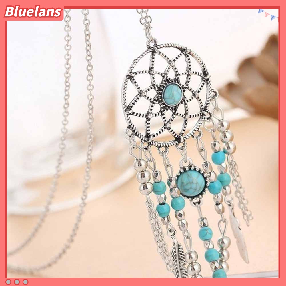 Kalung Rantai Rumbai Desain Dream Catcher Bulu Aksen Turquoise Gaya Boho Untuk Wanita