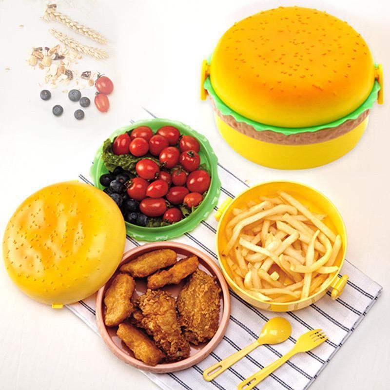 Tempat Bekal / Lunch Box Hamburger Kotak Makan Unik / Ompreng Burger Lucu Susun Wadah Makanan Kekinian
