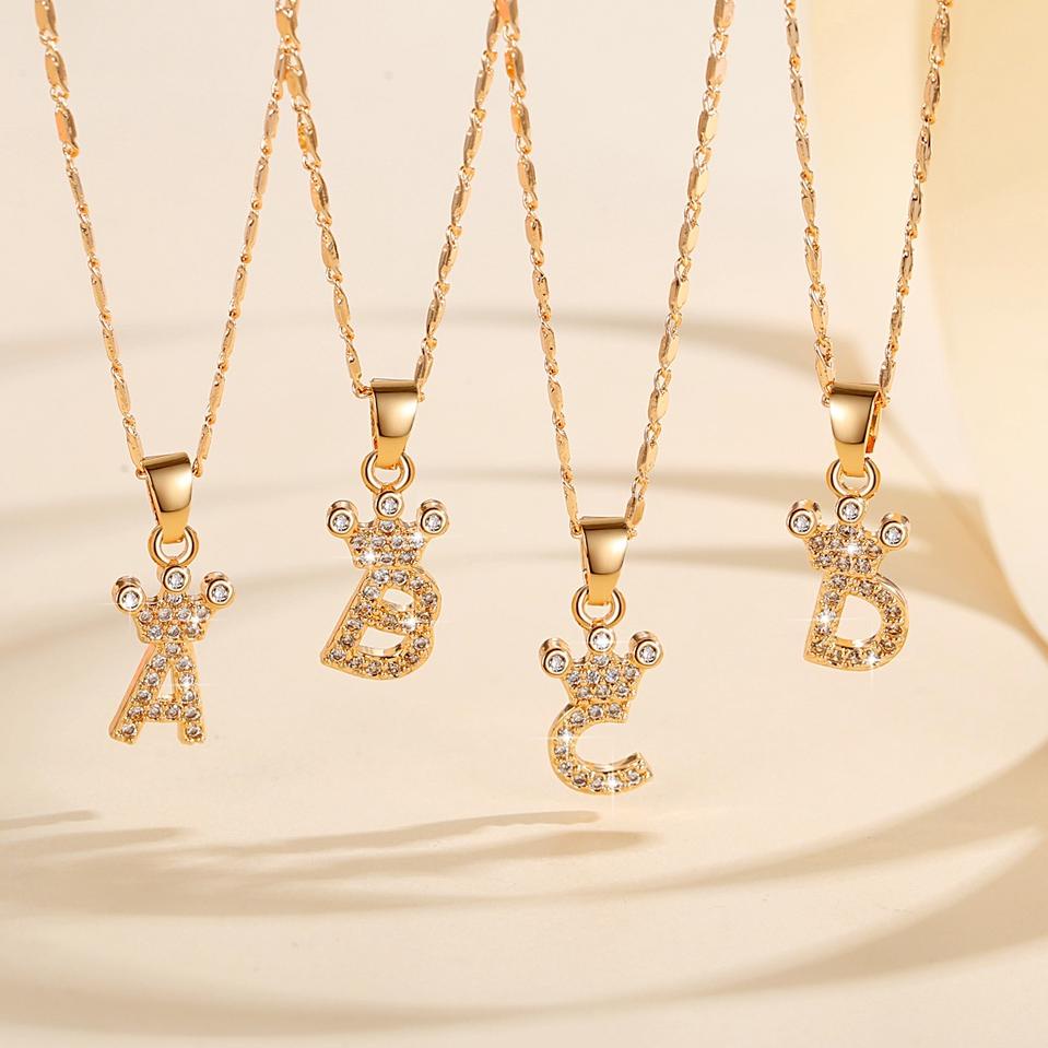 V9K0 Y555【】Kalung Titanium Liontin Huruf  Lapis Emas Kalung  Alfabet titanium Wanita Permata Perhias